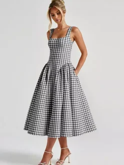 Date Night Dresses Midi Sleeveless Plaid Square Neck Elegant Black Dress