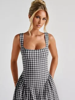 Date Night Dresses Midi Sleeveless Plaid Square Neck Elegant Black Dress