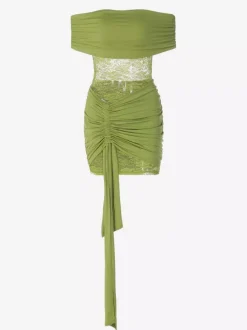 Date Night Dresses Mini Asymmetrical Pleated Lace Short Sleeves Off-The-Shoulder Sexy Green Dress