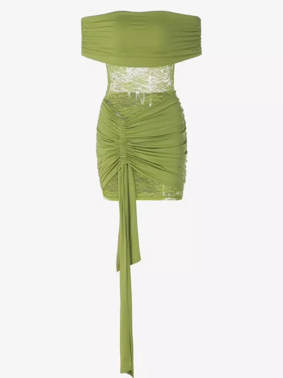 Date Night Dresses Mini Asymmetrical Pleated Lace Short Sleeves Off-The-Shoulder Sexy Green Dress