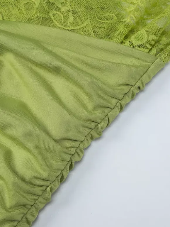 Date Night Dresses Mini Asymmetrical Pleated Lace Short Sleeves Off-The-Shoulder Sexy Green Dress