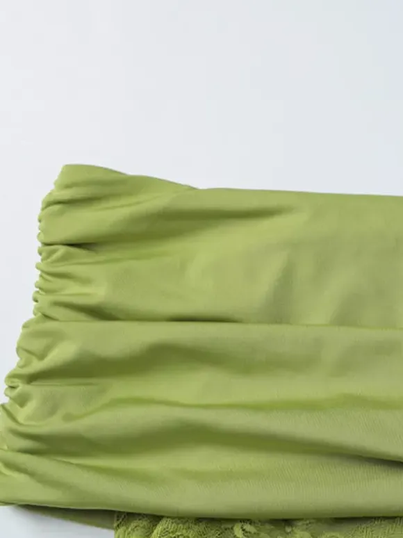 Date Night Dresses Mini Asymmetrical Pleated Lace Short Sleeves Off-The-Shoulder Sexy Green Dress
