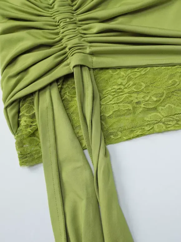 Date Night Dresses Mini Asymmetrical Pleated Lace Short Sleeves Off-The-Shoulder Sexy Green Dress