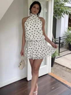 Date Night Dresses Mini Backless Halter Polka Dot High Collar Chic White Chiffon Dress