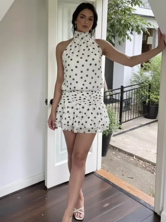Date Night Dresses Mini Backless Halter Polka Dot High Collar Chic White Chiffon Dress