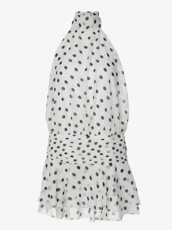 Date Night Dresses Mini Backless Halter Polka Dot High Collar Chic White Chiffon Dress