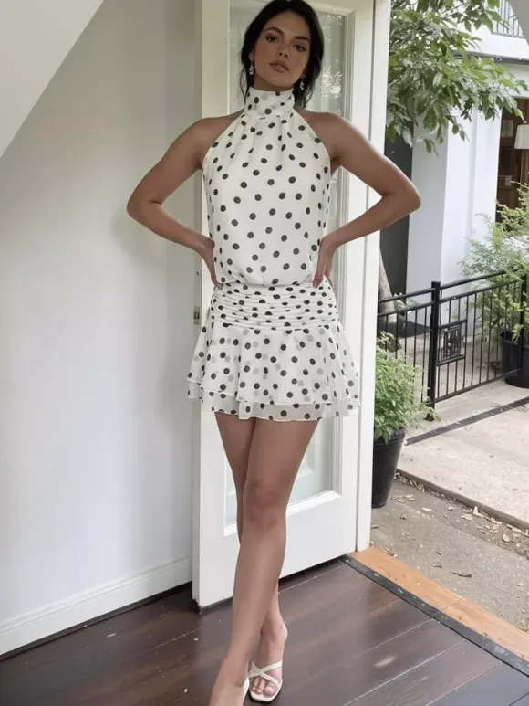 Date Night Dresses Mini Backless Halter Polka Dot High Collar Chic White Chiffon Dress