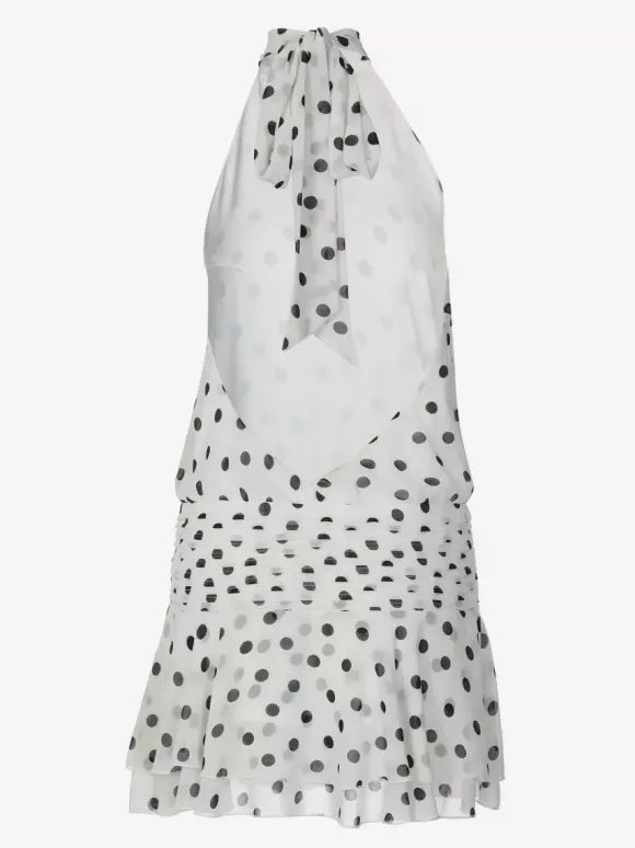 Date Night Dresses Mini Backless Halter Polka Dot High Collar Chic White Chiffon Dress