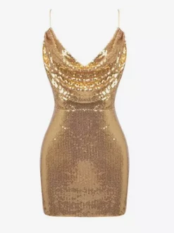 Date Night Dresses Mini Backless Sleeveless Cowl Neck Chic Gold Clubwear