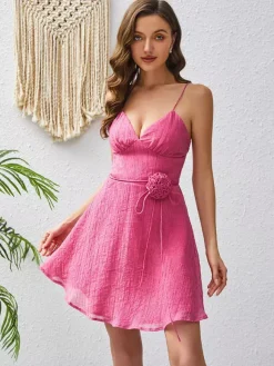 Date Night Dresses Mini Flowers Sleeveless Straps Neck Elegant Rose Dress