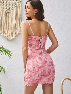 Date Night Dresses Mini Lace Sleeveless Straps Neck Sexy Pink Dress