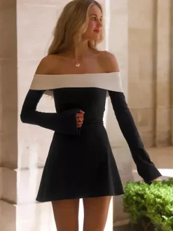 Date Night Dresses Mini Long Sleeves Two-Tone Off-The-Shoulder Chic Black Dress