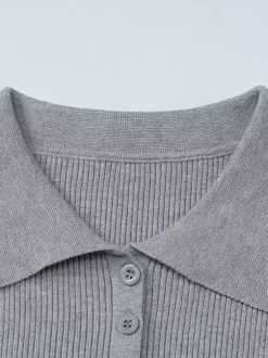 Date Night Dresses Mini Pleated Knitted Long Sleeves V-Neck Sweet Gray Dress