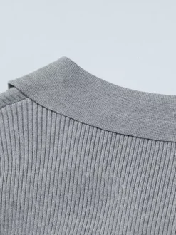 Date Night Dresses Mini Pleated Knitted Long Sleeves V-Neck Sweet Gray Dress