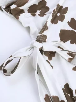 Date Night Dresses White Brown Floral Spaghetti Strap Twist Front Drawstring Side Bodycon Mini Dress