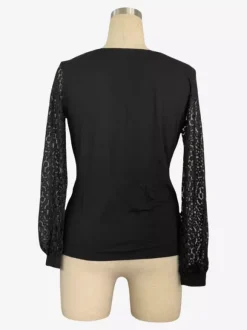 Deep V Neck Surplice Top With Sheer Floral Lace Long Sleeves For Women 2026