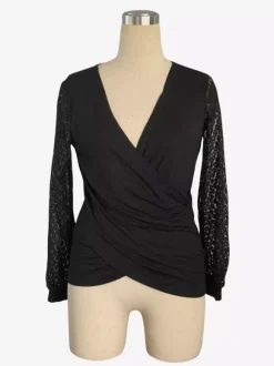 Deep V Neck Surplice Top With Sheer Floral Lace Long Sleeves For Women 2026