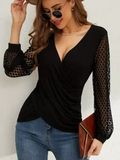Deep V Neck Surplice Top With Sheer Floral Lace Long Sleeves For Women 2026