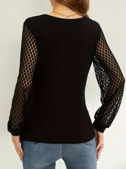 Deep V Neck Surplice Top With Sheer Floral Lace Long Sleeves For Women 2026