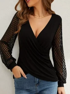 Deep V Neck Surplice Top With Sheer Floral Lace Long Sleeves For Women 2026