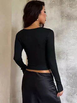 Deep V Neck Women's Lace Trim Top - Black Sexy Slim Fit Blouse - Gothic Style Spring Clubwear 2026