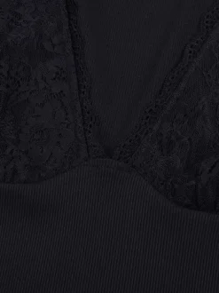Deep V Neck Women's Lace Trim Top - Black Sexy Slim Fit Blouse - Gothic Style Spring Clubwear 2026