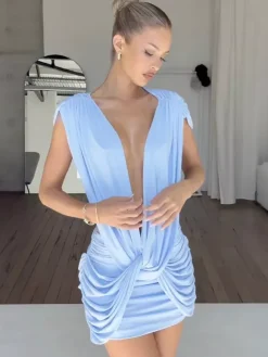 Deep V Twist Mini Dress For Women - Sexy Cutout Ruched Bodycon - Summer Club Night Party 2026