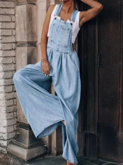 Deep Blue Sleeveless Buttons Convertible Denim Wide Summer Playsuit