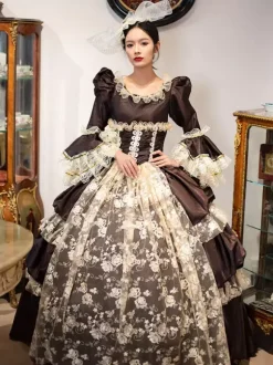 Deep Brown Retro Tudor Dress Costumes Lace Polyester Headwear Women's Vintage Marie Antoinette Costume Tunic Masquerade Ball Gown
