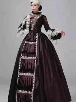 Deep Brown Victorian Dress Long Sleeves Lace High Collar Ball Retro Dress