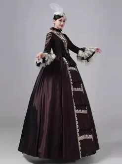Deep Brown Victorian Dress Long Sleeves Lace High Collar Ball Retro Dress