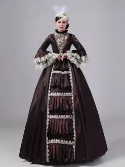 Deep Brown Victorian Dress Long Sleeves Lace High Collar Ball Retro Dress