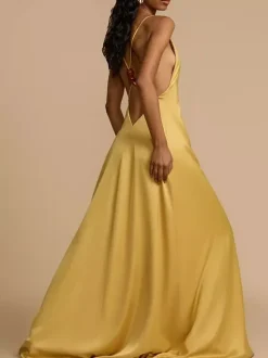 Deep V Neck Backless Satin Maxi Dress For Women - Yellow Boho Wood Beaded Evening Gown - Summer Beach Wedding Guest 2026