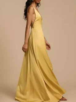 Deep V Neck Backless Satin Maxi Dress For Women - Yellow Boho Wood Beaded Evening Gown - Summer Beach Wedding Guest 2026