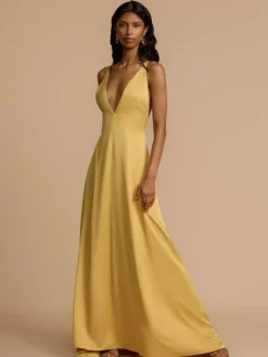 Deep V Neck Backless Satin Maxi Dress For Women - Yellow Boho Wood Beaded Evening Gown - Summer Beach Wedding Guest 2026