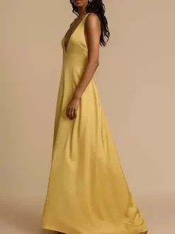 Deep V Neck Backless Satin Maxi Dress For Women - Yellow Boho Wood Beaded Evening Gown - Summer Beach Wedding Guest 2026