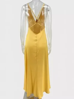 Deep V Neck Backless Satin Maxi Dress For Women - Yellow Boho Wood Beaded Evening Gown - Summer Beach Wedding Guest 2026