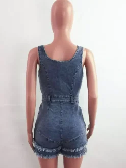 Deep V Neck Denim Romper For Women - Medium Blue Sexy Bodycon Frayed Hem Shorts Jumpsuit - Summer Music Festival Party 2026