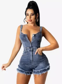 Deep V Neck Denim Romper For Women - Medium Blue Sexy Bodycon Frayed Hem Shorts Jumpsuit - Summer Music Festival Party 2026