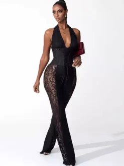 Deep V Neck Halter Lace Up Corset Lace Patchwork Jumpsuit For Women 2026
