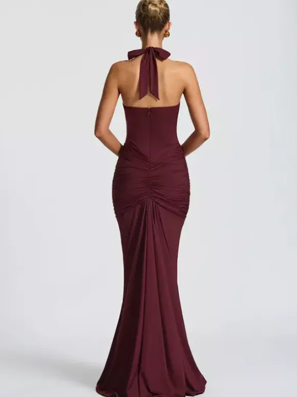 Deep V Neck Halter Ruched Bodycon Floor Length Mermaid Gown For Women 2026