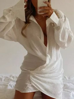Deep V Neck Long Sleeve Mini Shirt Dress For Women 2026