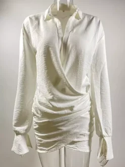 Deep V Neck Long Sleeve Mini Shirt Dress For Women 2026