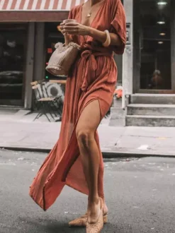 Deep V Neck Maxi Dress for Women - Boho Kimono Half Sleeve Belted Side Slit Kaftan Dress - Summer Beach Vacation 2026
