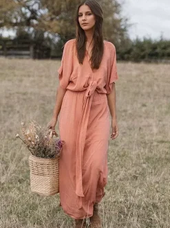 Deep V Neck Maxi Dress for Women - Boho Kimono Half Sleeve Belted Side Slit Kaftan Dress - Summer Beach Vacation 2026