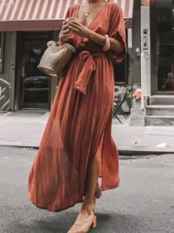 Deep V Neck Maxi Dress for Women - Boho Kimono Half Sleeve Belted Side Slit Kaftan Dress - Summer Beach Vacation 2026