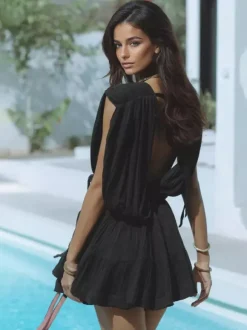 Deep V Neck Mini Dress for Women - Greek Boho Plisse Sleeveless Tiered Dress with Rope Belt - Summer Resort Wear 2026