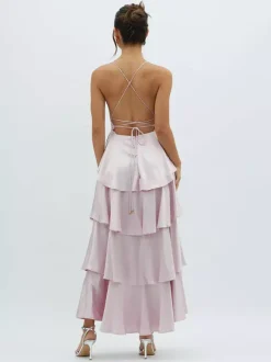 Deep V Neck Tiered Maxi Dress For Women - Satin Crisscross Backless Layered Ruffle Gown - Summer Formal Party 2026