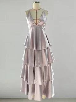 Deep V Neck Tiered Maxi Dress For Women - Satin Crisscross Backless Layered Ruffle Gown - Summer Formal Party 2026