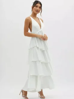 Deep V Neck Tiered Maxi Dress For Women - Satin Crisscross Backless Layered Ruffle Gown - Summer Formal Party 2026
